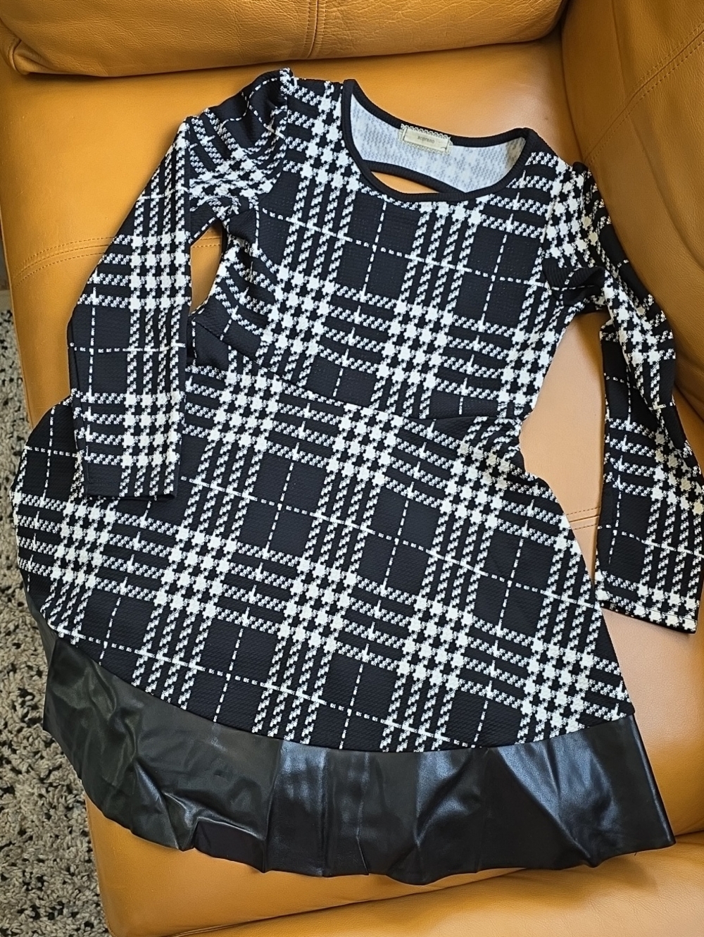 Soprano Black & White Plaid Long Sleeve Dress with Faux Leather Hem